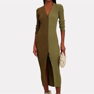 Staud Colorblock Shoko Midi Sweater Dress Green Button Down Ribbed Size Small